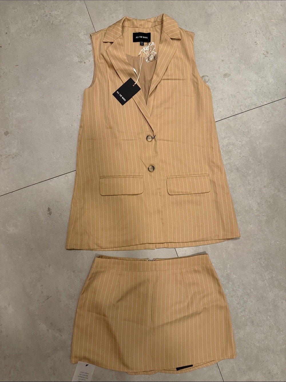 All The Ways Tan Pinstripe Skirt Set - Sleeveless Blazer & Mini Skirt